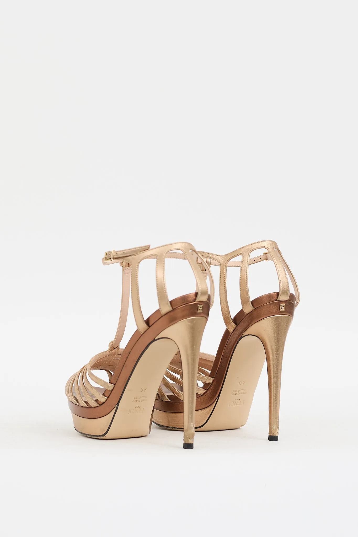 Gold & Brown Leather Strappy Platform Heel