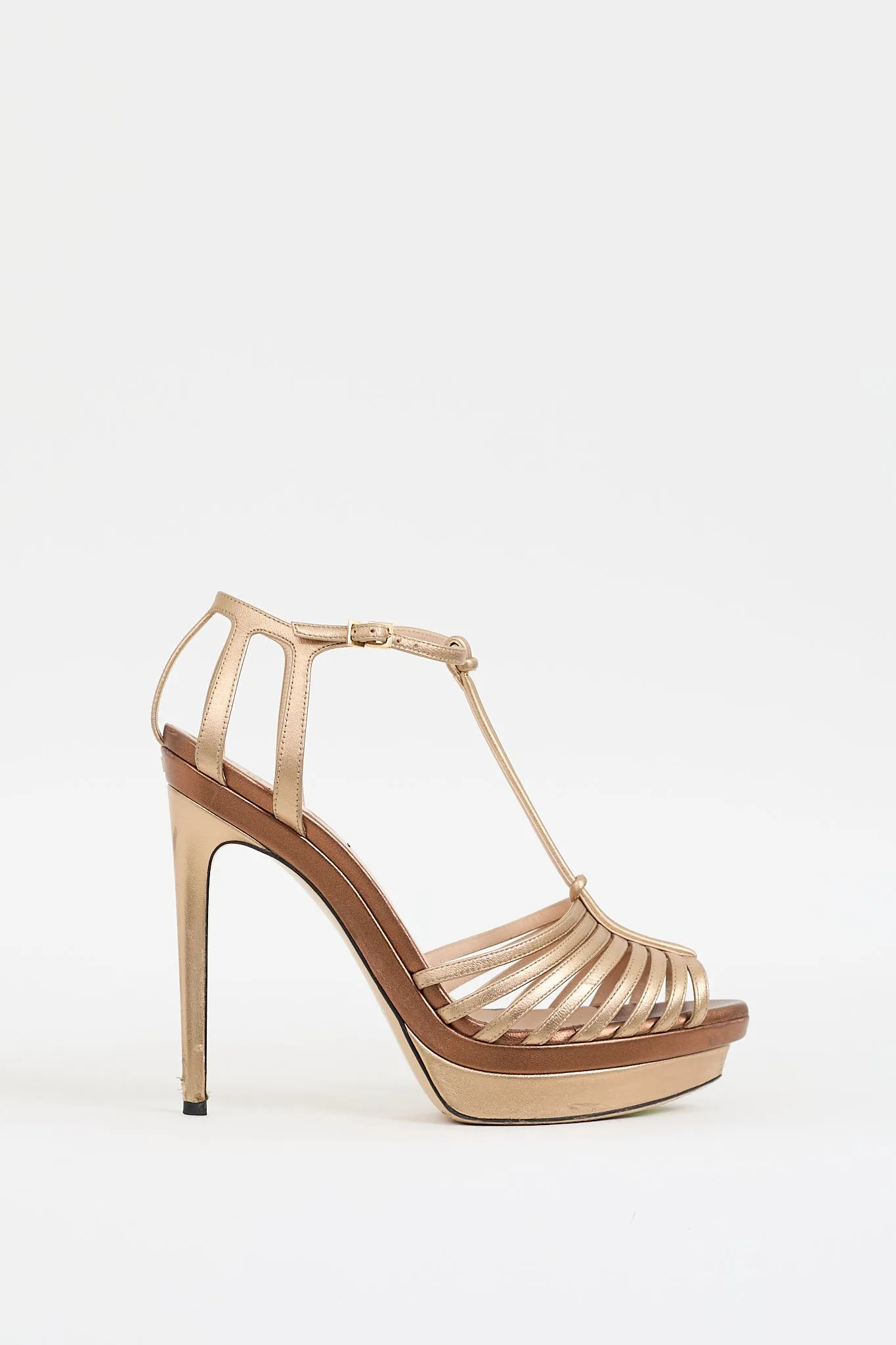 Gold & Brown Leather Strappy Platform Heel