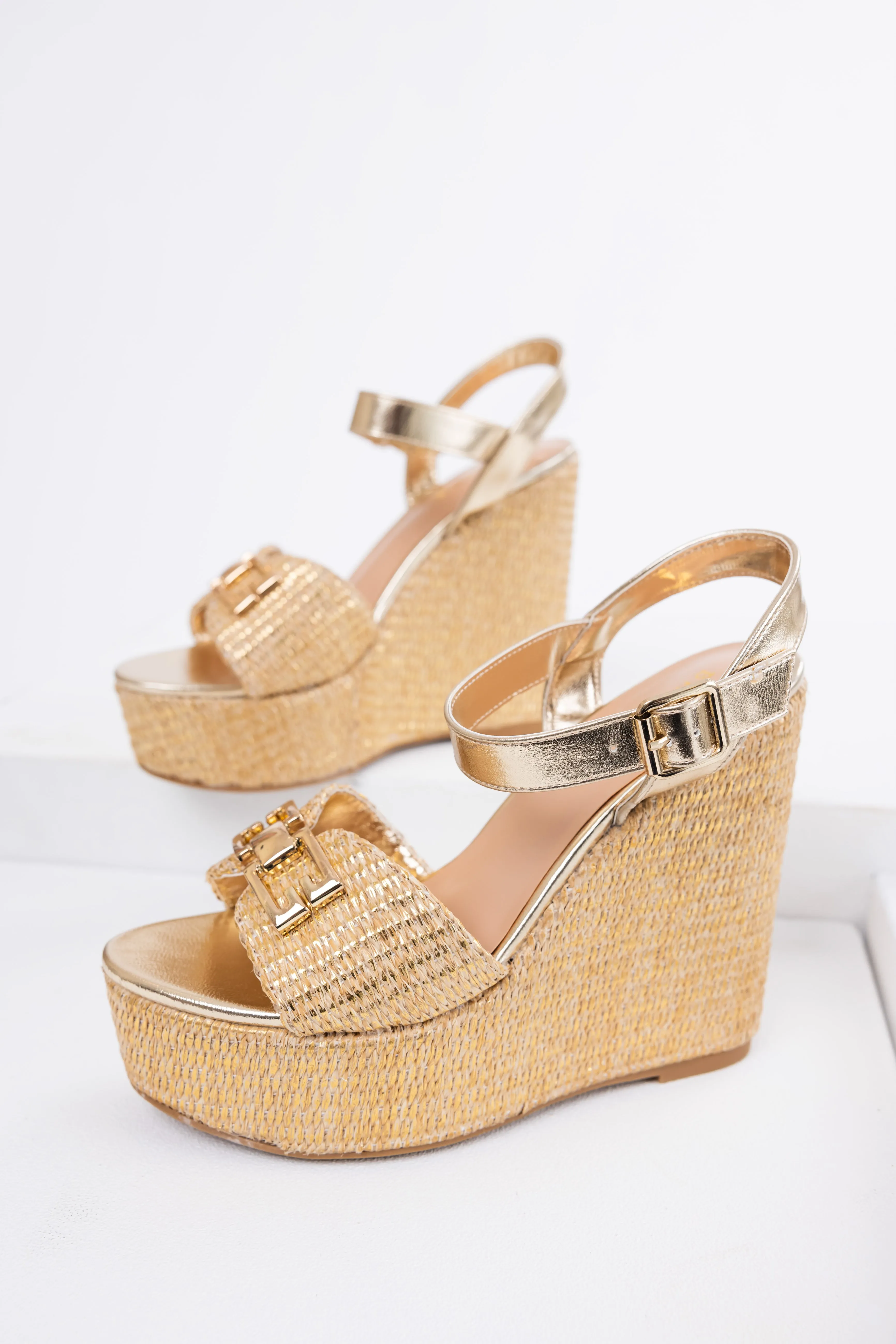 Gold Open Toe Woven Espadrille Wedge Heels