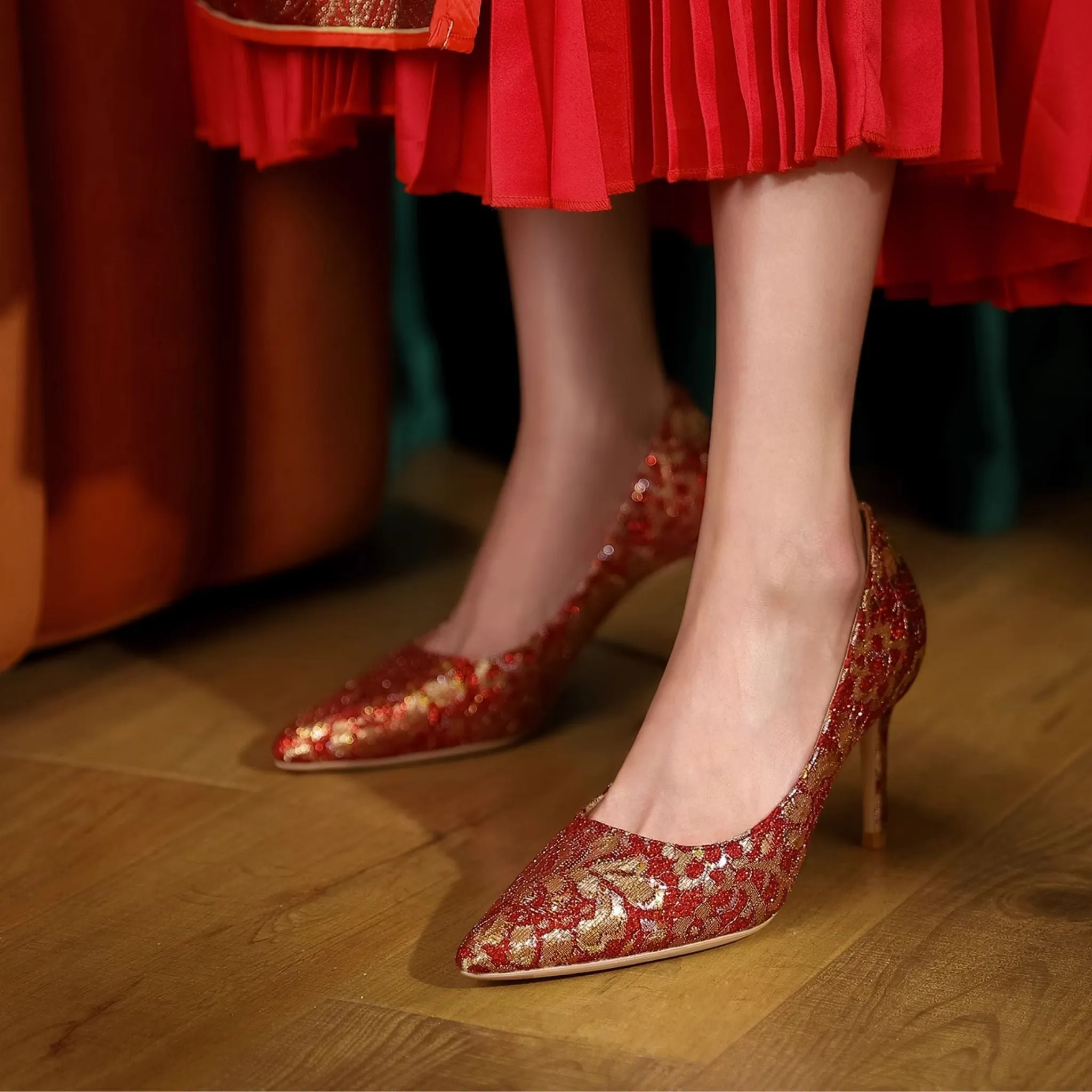 Golden Peony Embroidery Red Xiuhe Wedding Heels