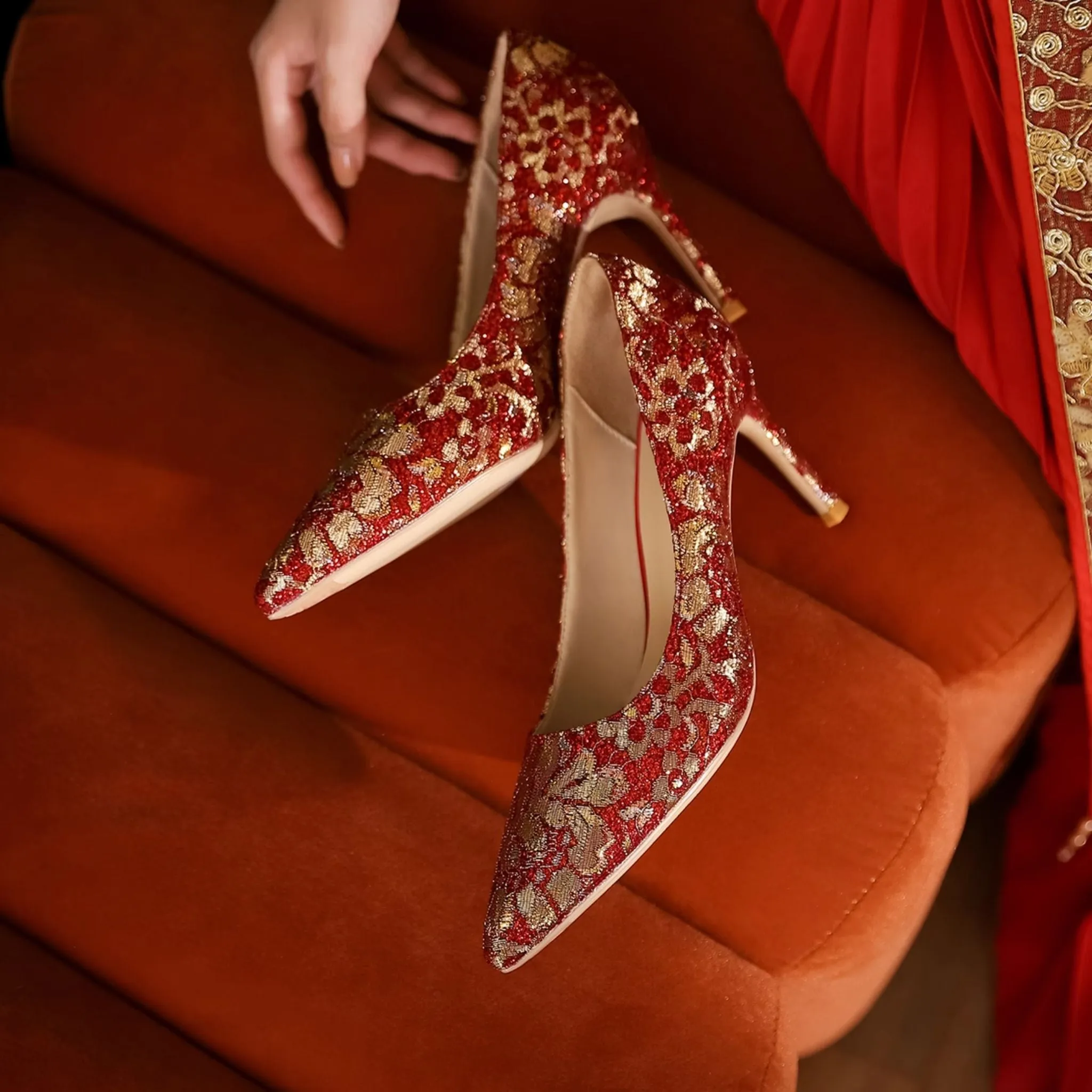 Golden Peony Embroidery Red Xiuhe Wedding Heels