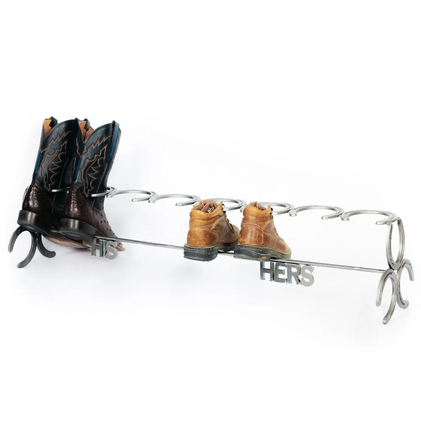 Handmade His and Hers Horseshoe Boot Rack - 4 pairs - The Heritage Forge