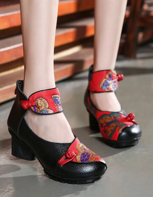 Handmade Leather Retro Ethnic Style Chunky Heels