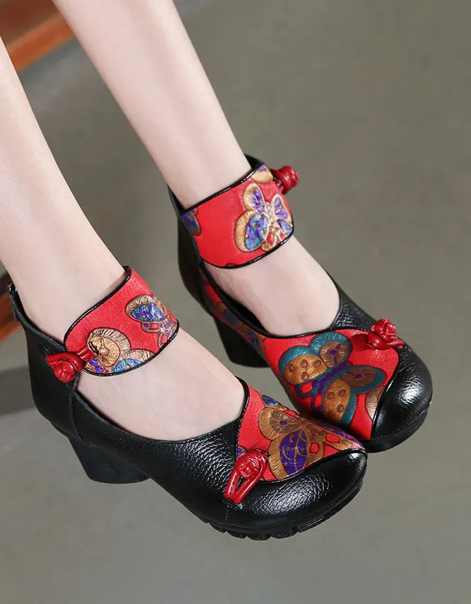 Handmade Leather Retro Ethnic Style Chunky Heels