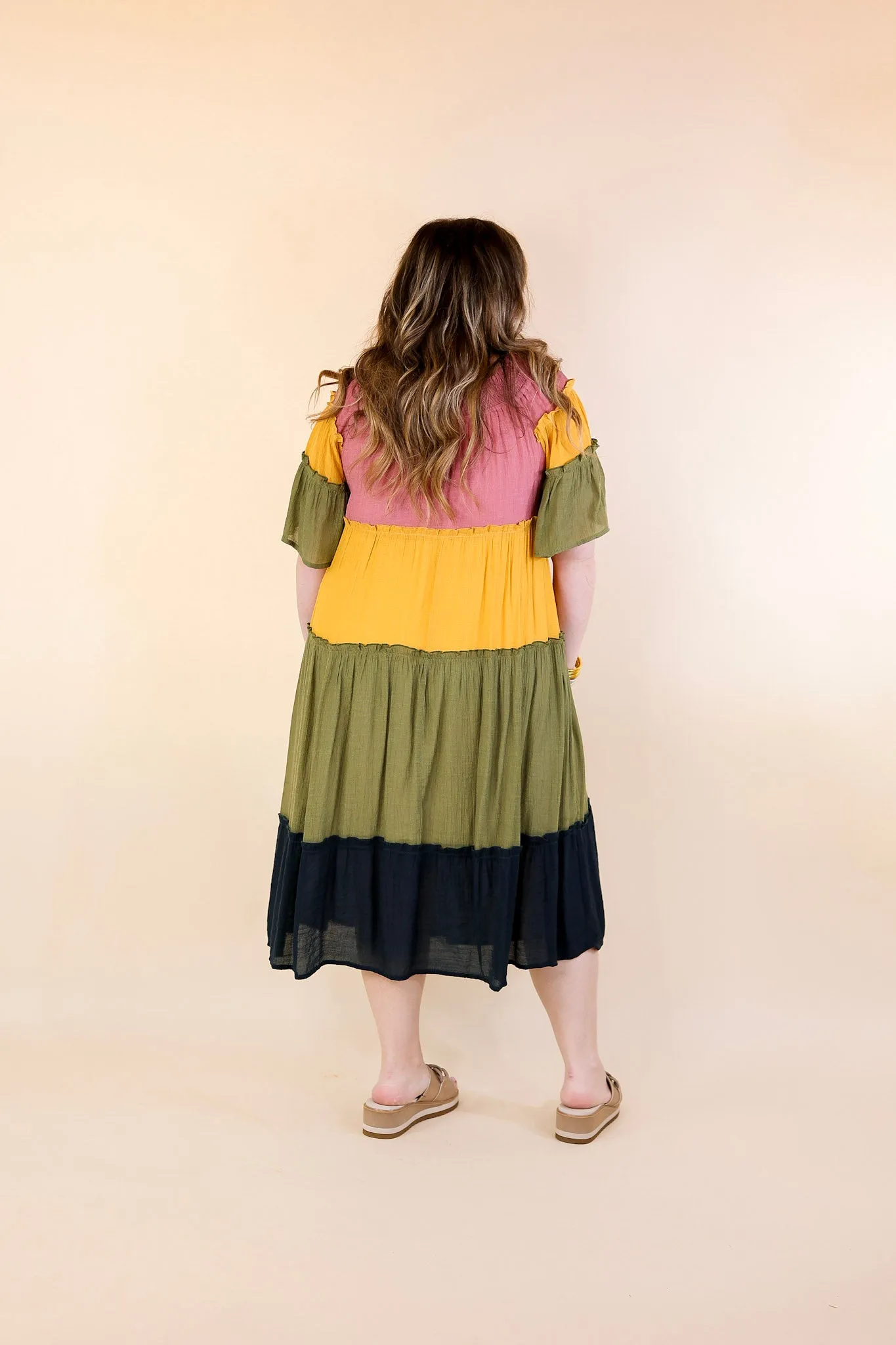 In the Villa Color Block Off the Shoulder Midi Dress in Mustard, Olive, Mauve, and Navy