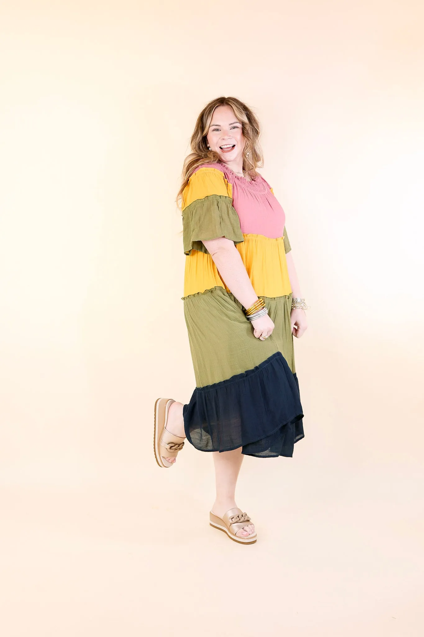 In the Villa Color Block Off the Shoulder Midi Dress in Mustard, Olive, Mauve, and Navy