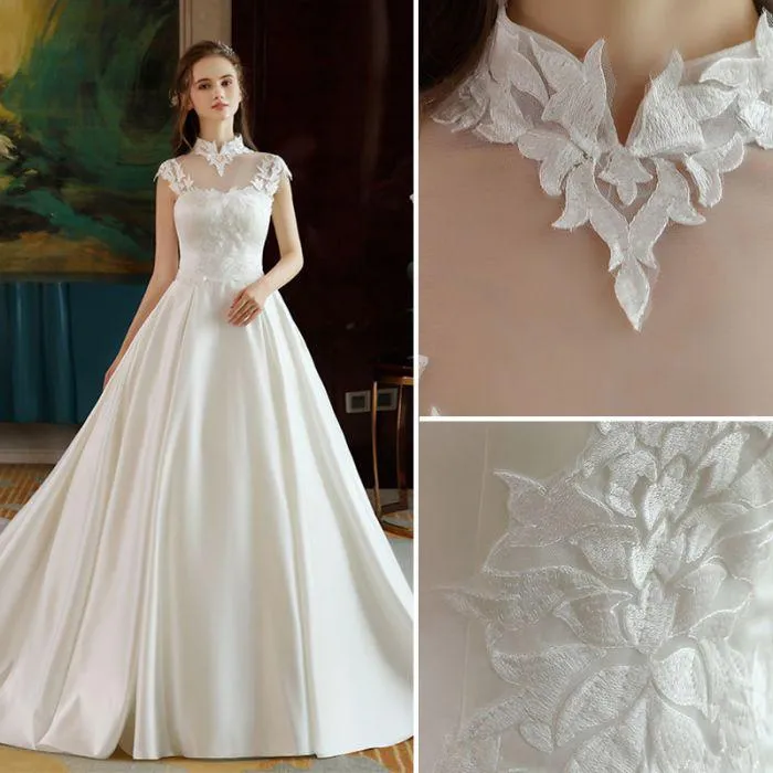 Ivory High Neck Ball Gown Lace Applique Cheap Wedding Dress OK801