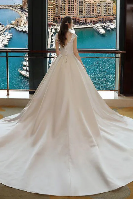 Ivory High Neck Ball Gown Lace Applique Cheap Wedding Dress OK801