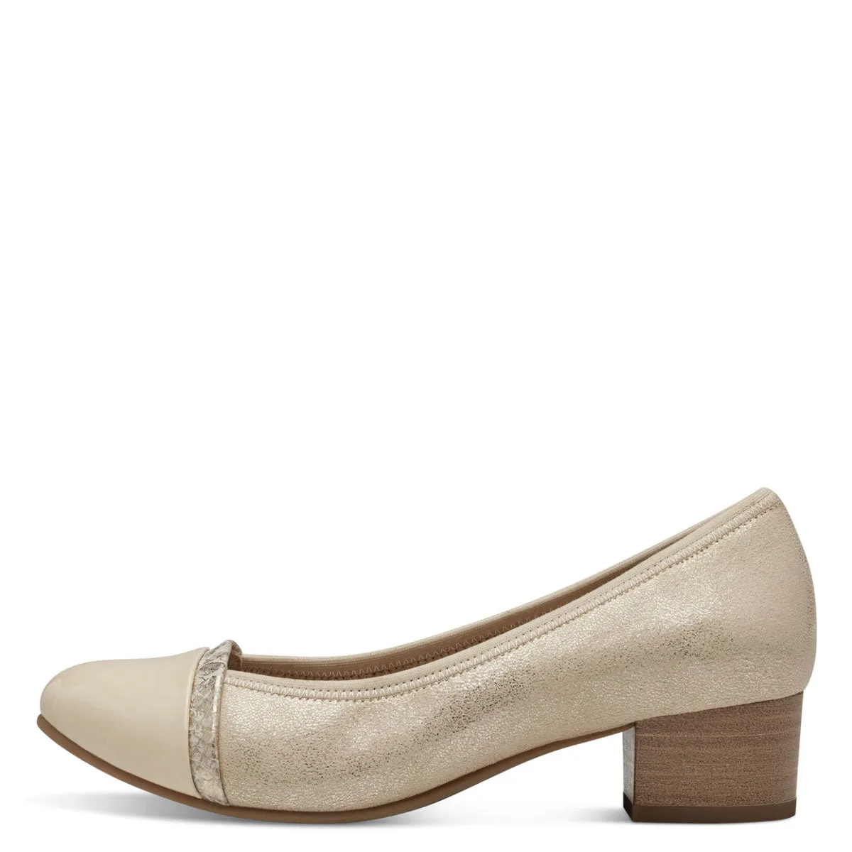 Jana Wide Fitting Light Gold Court Shoe with Cream Patent Detail