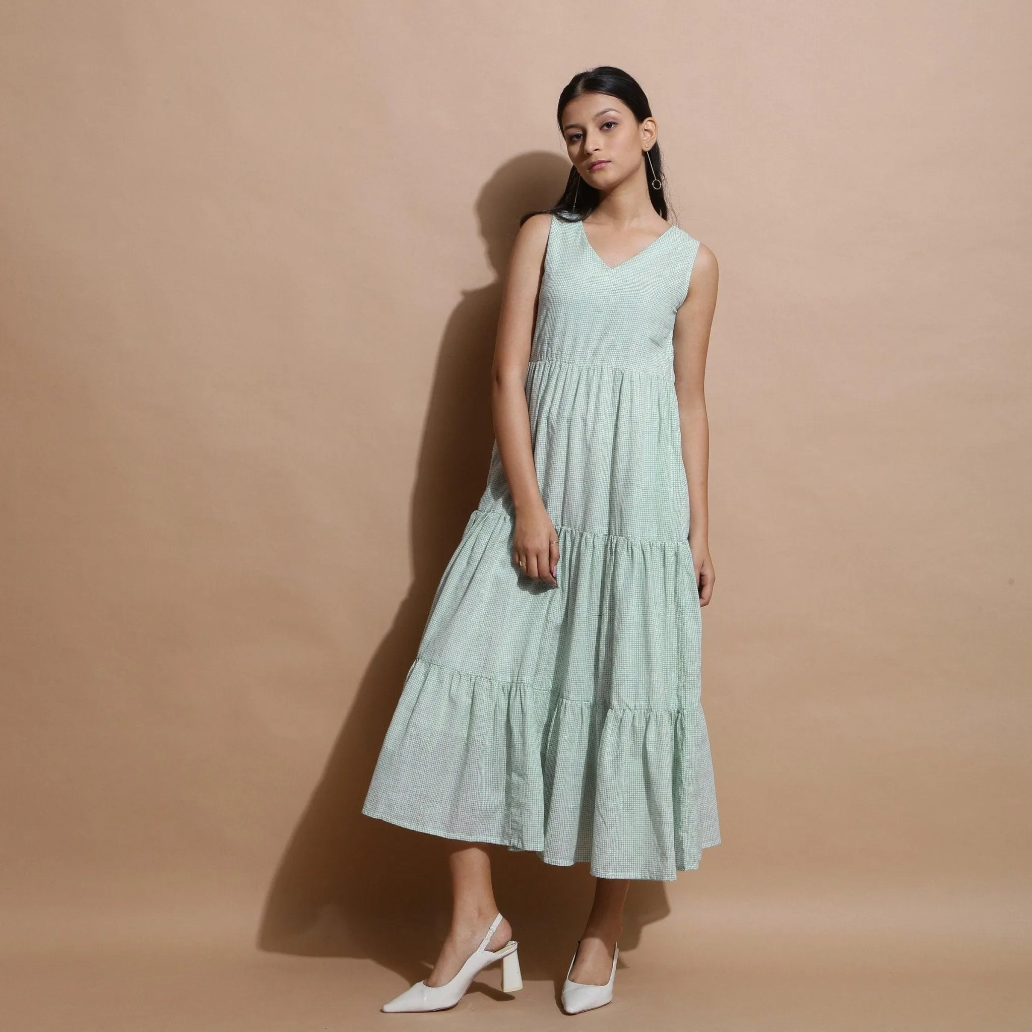 Light Green Cotton Muslin Checkered Maxi Tier Dress