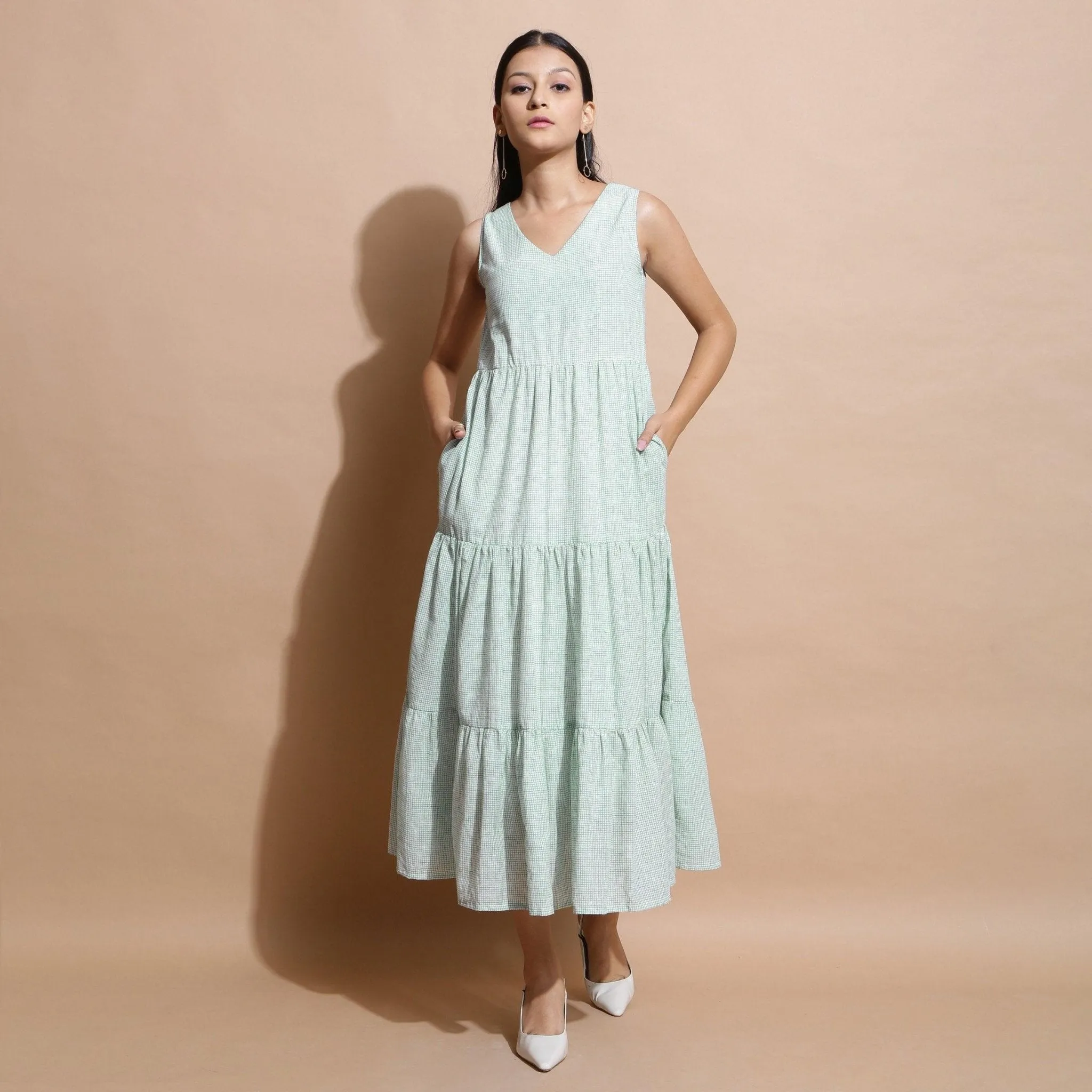 Light Green Cotton Muslin Checkered Maxi Tier Dress