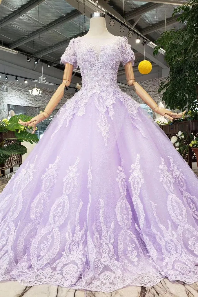 Lilac Ball Gown Short Sleeves Prom Dress with Lace, Quinceanera Dress OKL41