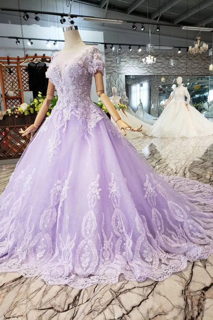 Lilac Ball Gown Short Sleeves Prom Dress with Lace, Quinceanera Dress OKL41