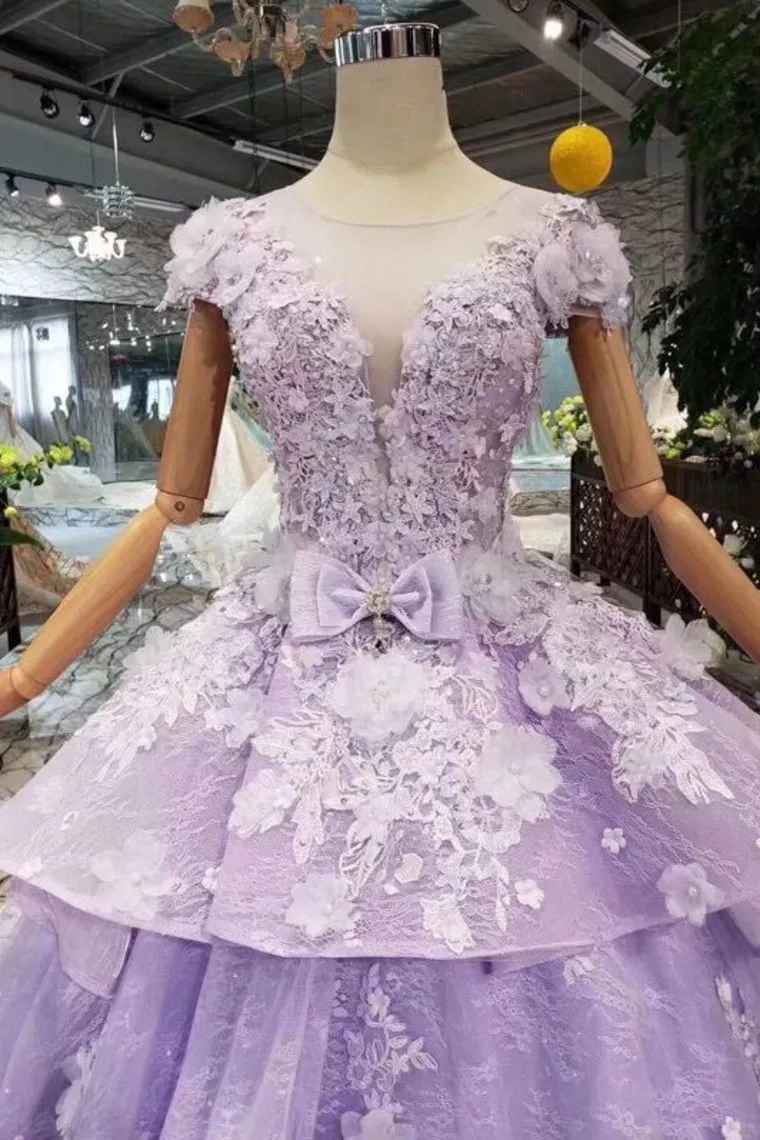 Lilac Short Sleeves Lace Up Back Appliques Tulle Princess Prom Dress OKL20