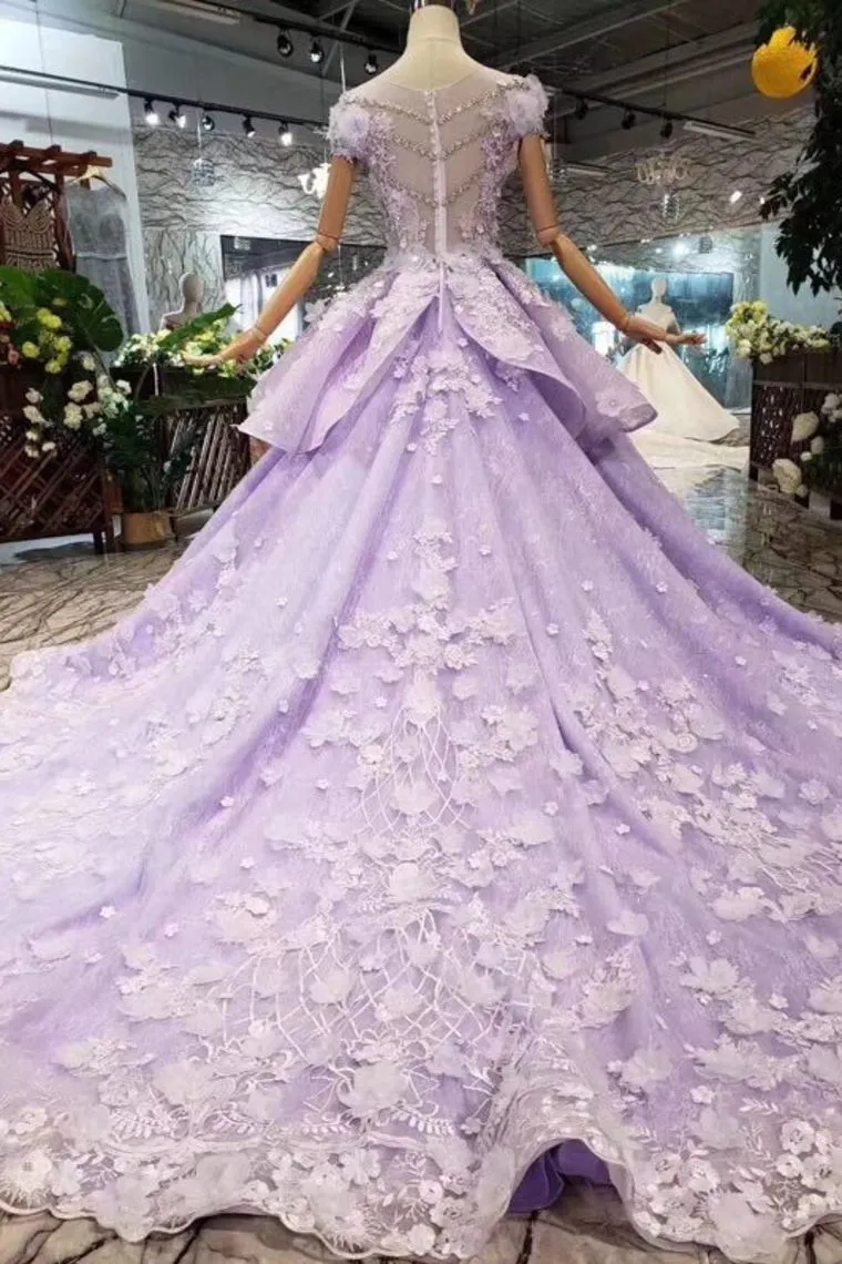 Lilac Short Sleeves Lace Up Back Appliques Tulle Princess Prom Dress OKL20