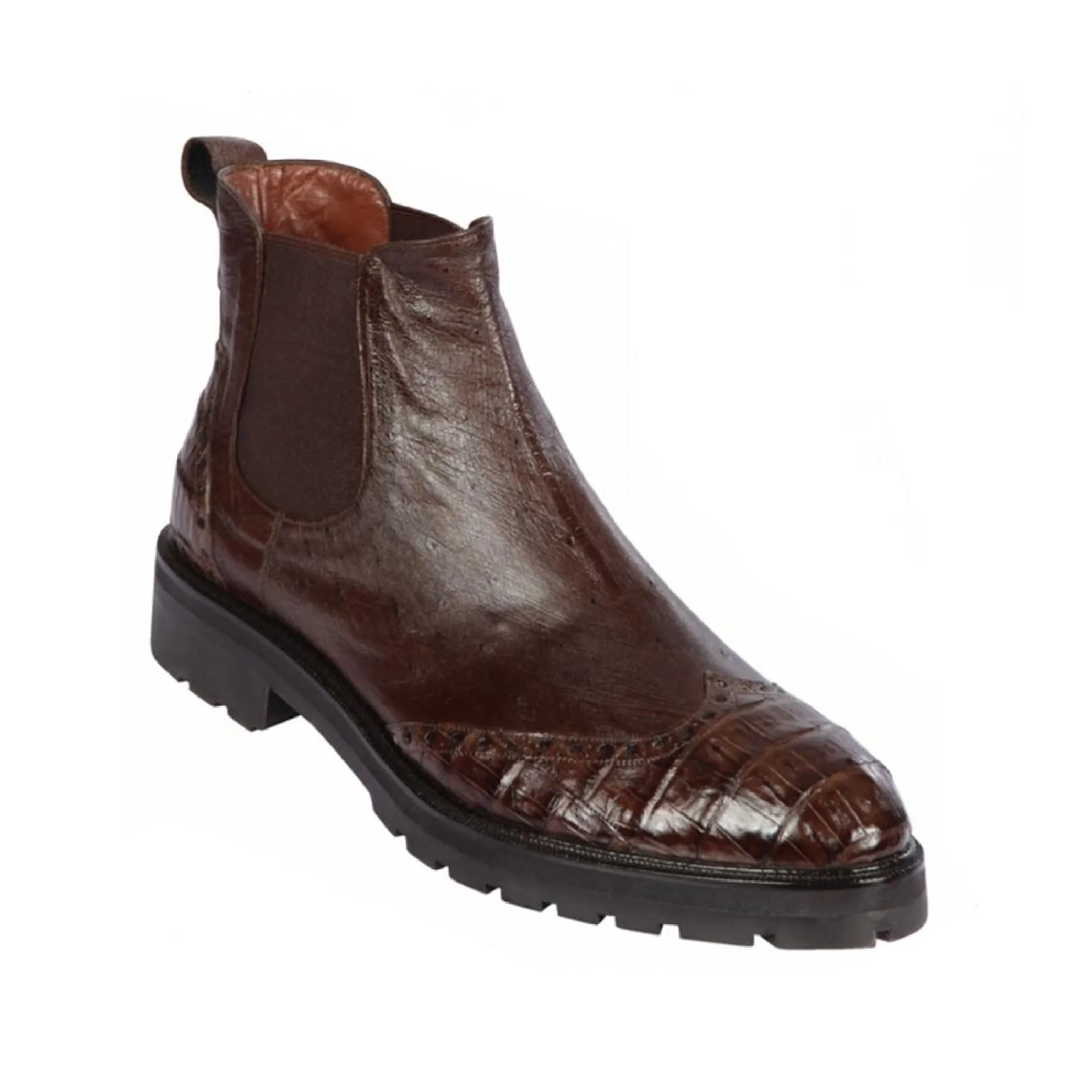 Lombardy Mens # ZlM078207 High Top Shoe W/Wing Tip  | Style M-07| Caiman Belly Y Smooth Strich Boots | Color Brown