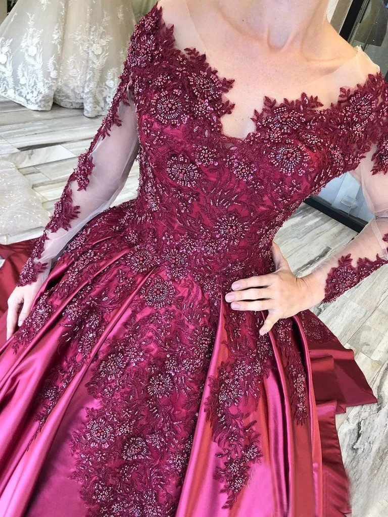 Long Sleeves Lace Appliques Burgundy Court Train Ball Gown Prom Dress OKS8