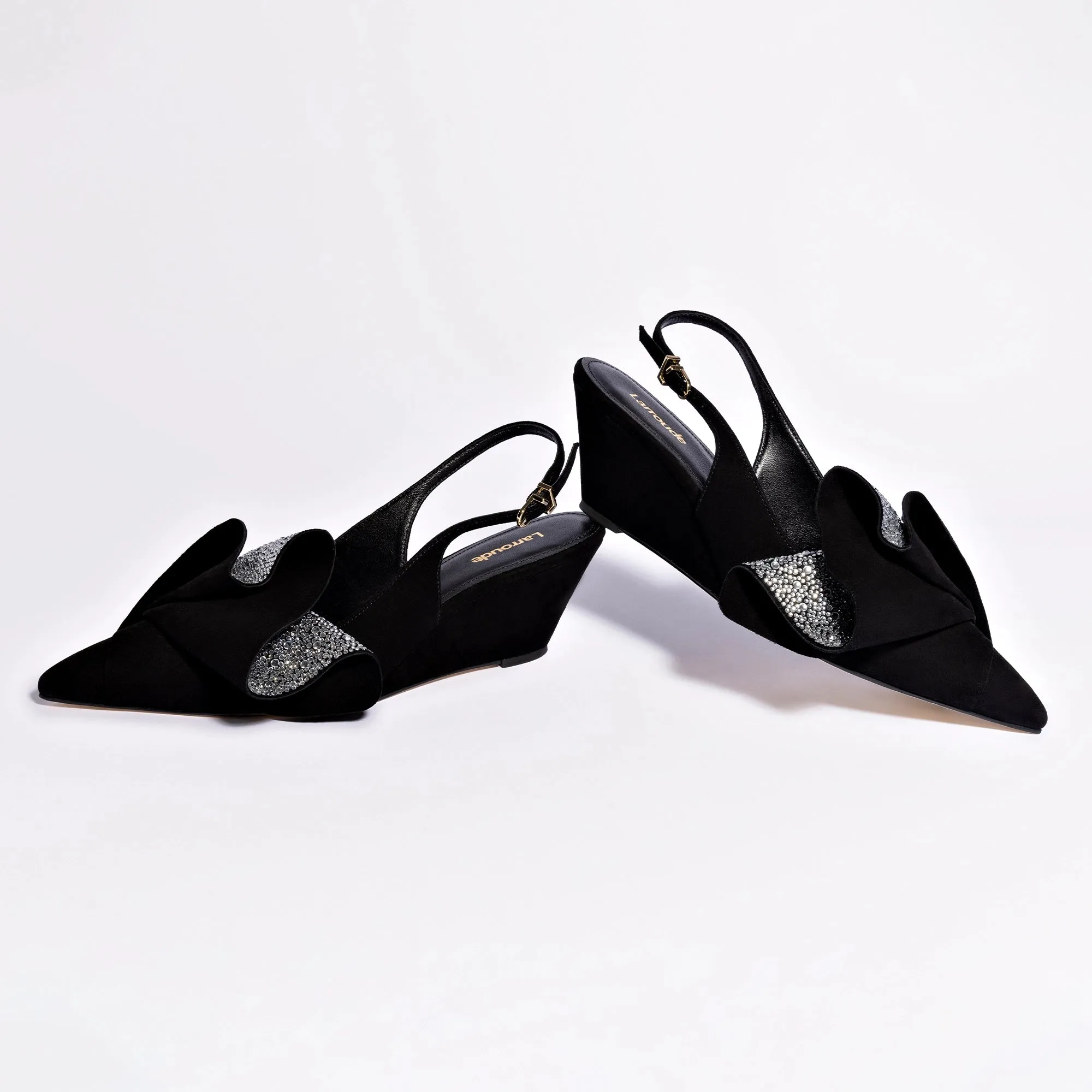 Loulou Ruffle Pump In Black Suede and Crystals