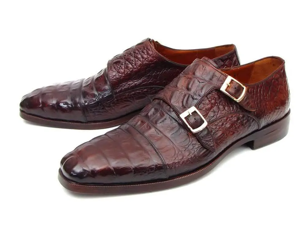 Luxury Brown & Bordeaux Crocodile Leather Double Monk Strap Shoes for Men by Paul Parkman