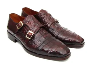 Luxury Brown & Bordeaux Crocodile Leather Double Monk Strap Shoes for Men by Paul Parkman