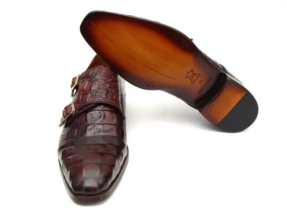 Luxury Brown & Bordeaux Crocodile Leather Double Monk Strap Shoes for Men by Paul Parkman