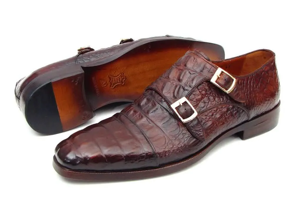 Luxury Brown & Bordeaux Crocodile Leather Double Monk Strap Shoes for Men by Paul Parkman