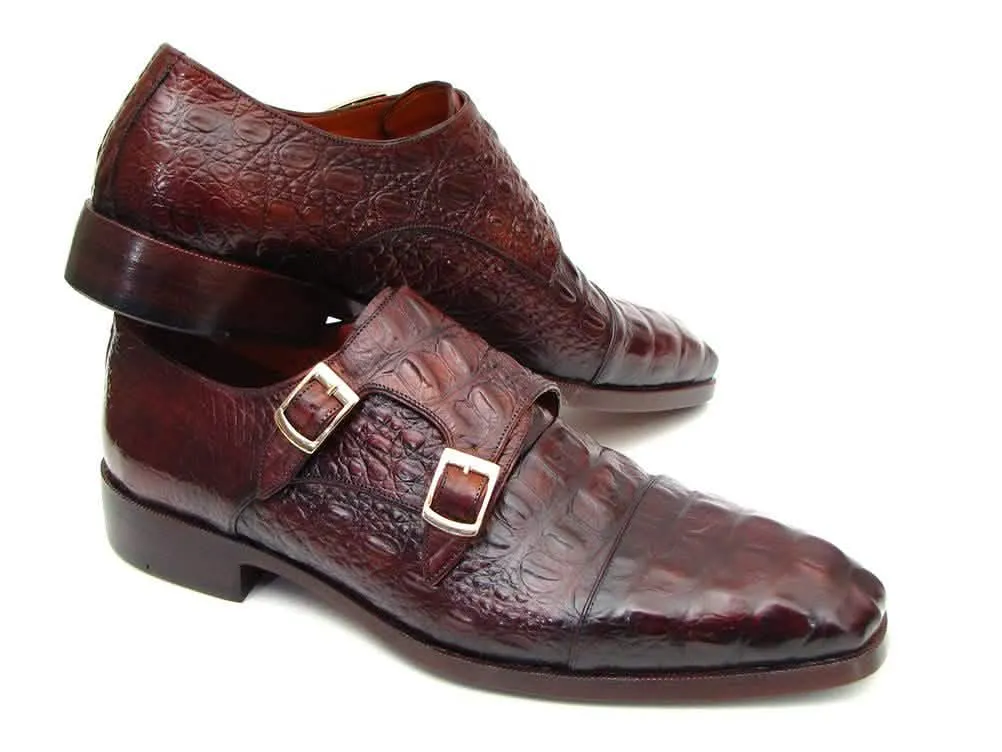 Luxury Brown & Bordeaux Crocodile Leather Double Monk Strap Shoes for Men by Paul Parkman