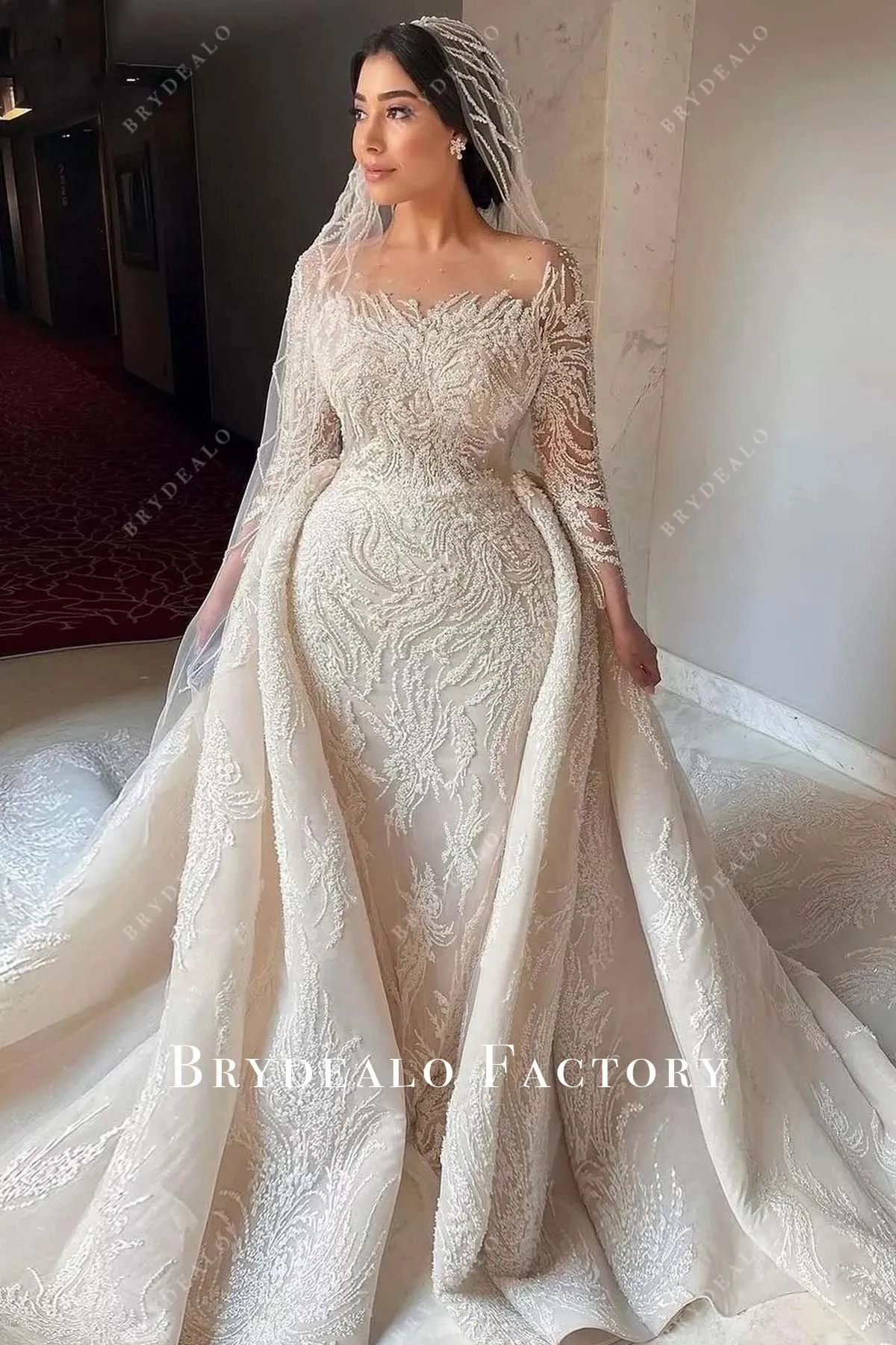 Luxury Lace Long Sleeve Overskirt Wedding Dress