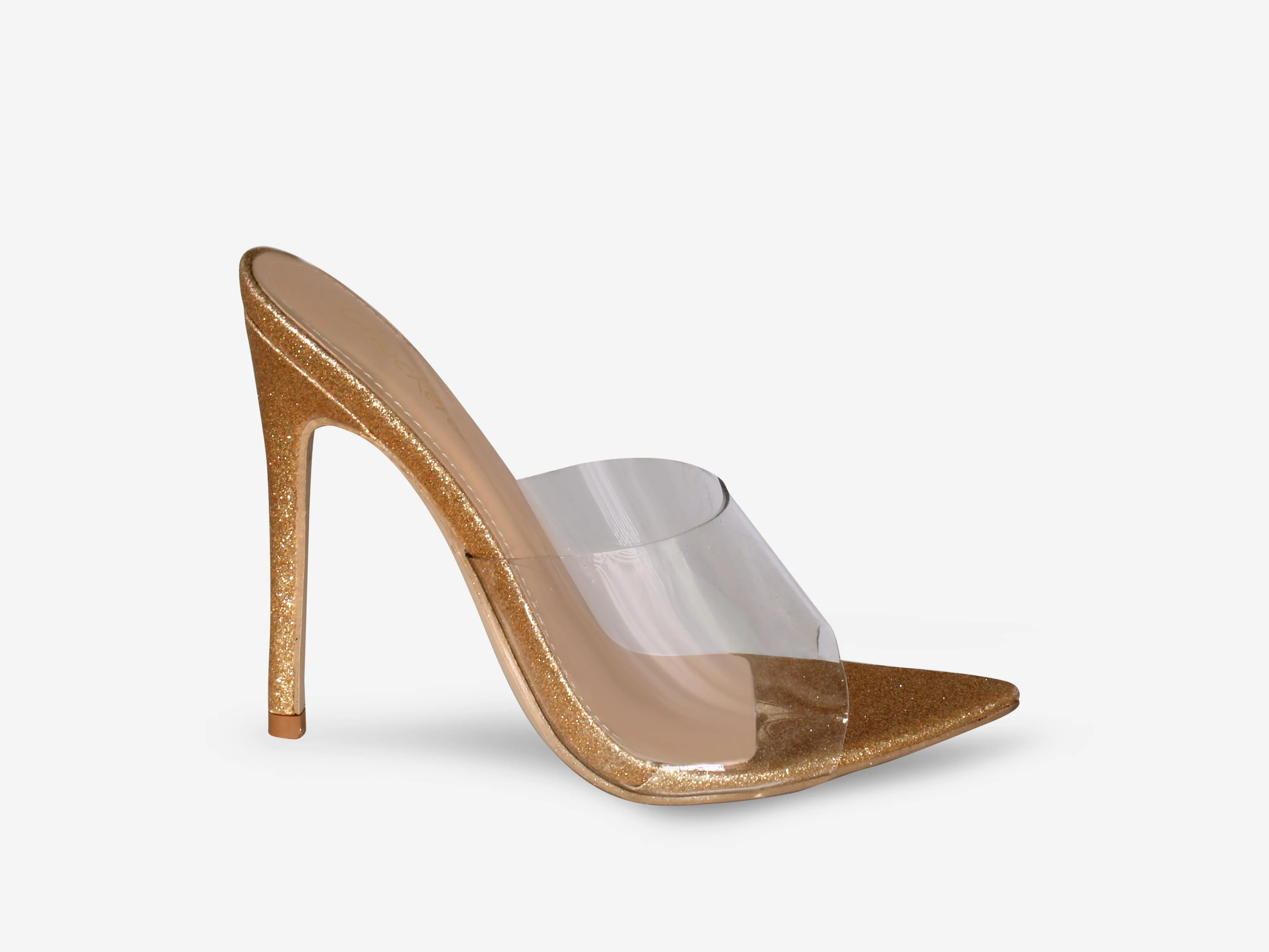 Maddie -  Gold Glitter Pointed Toe Perspex Peep Toe Heel