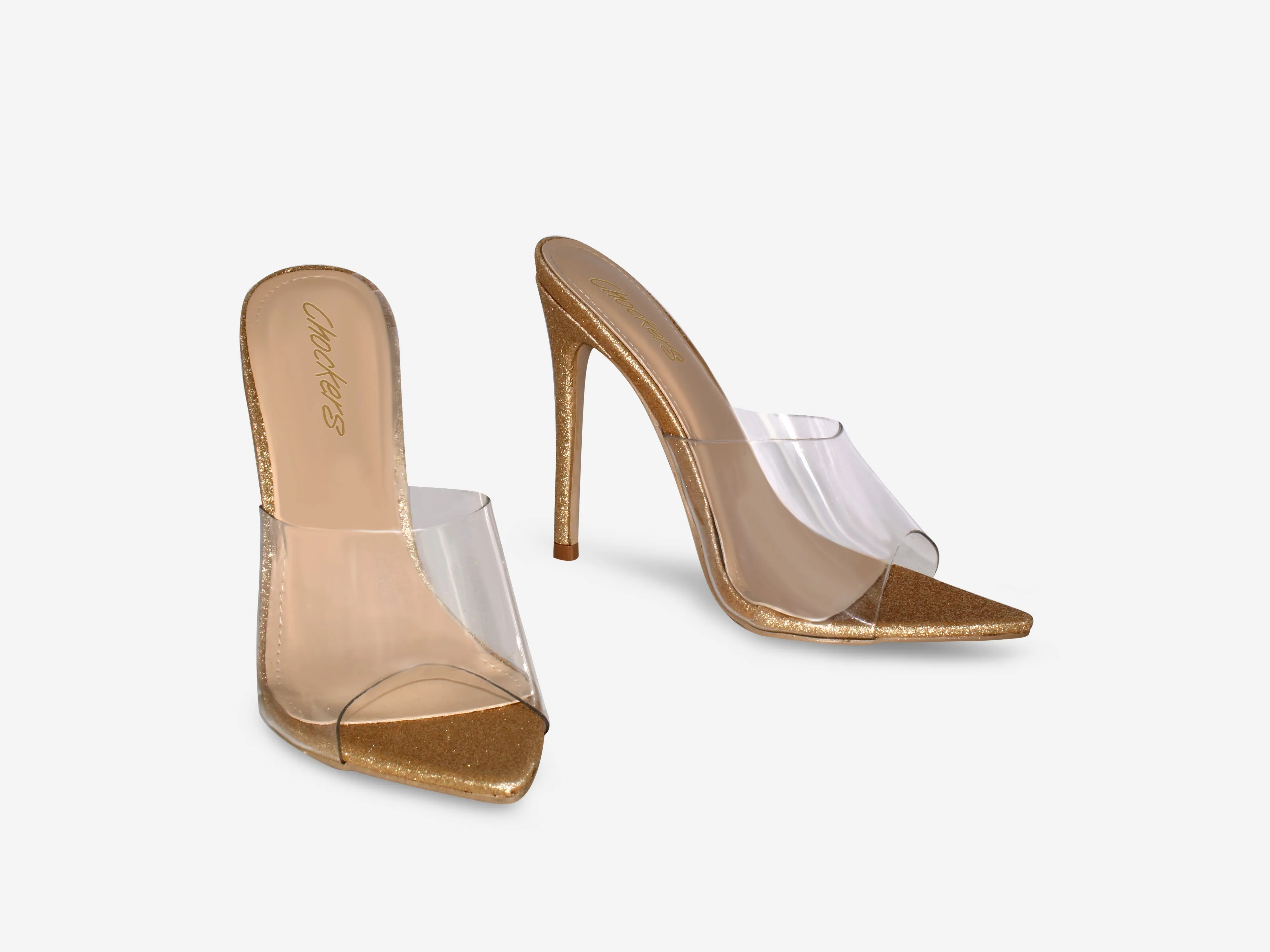 Maddie -  Gold Glitter Pointed Toe Perspex Peep Toe Heel