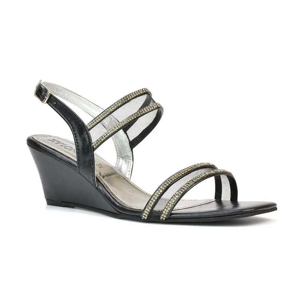 Melinda Strappy Square Toe Diamante Wedge Heel Sandals in Black