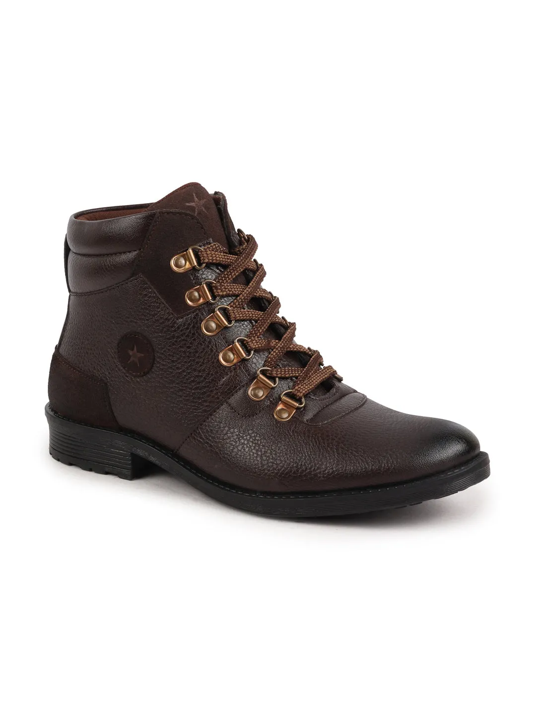 Men Brown Genuine Leather 6-Eye Metallic Lace Up Hook Classic High Ankle Boot For Trekking|Biking|Hiking