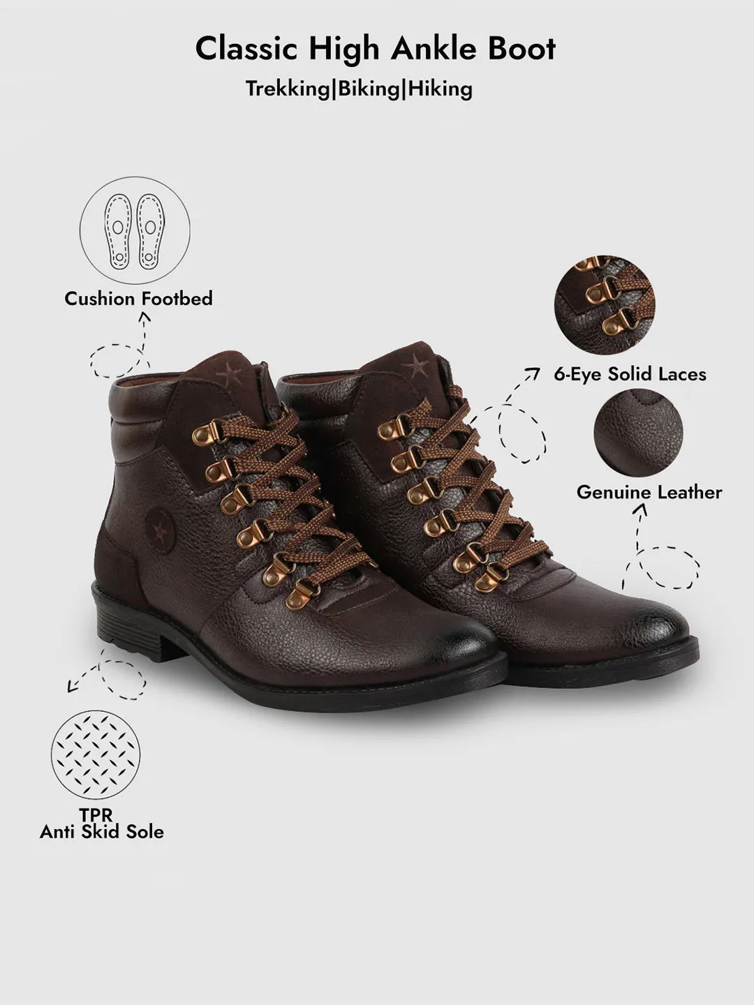 Men Brown Genuine Leather 6-Eye Metallic Lace Up Hook Classic High Ankle Boot For Trekking|Biking|Hiking