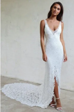 Mermaid V-Neck Backless Court Train Lace Wedding Dress with Split OKR38