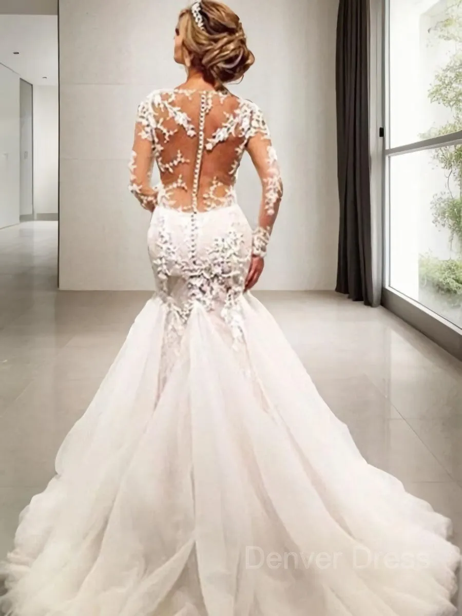 Mermaid V-neck Court Train Tulle Wedding Dresses With Appliques Lace