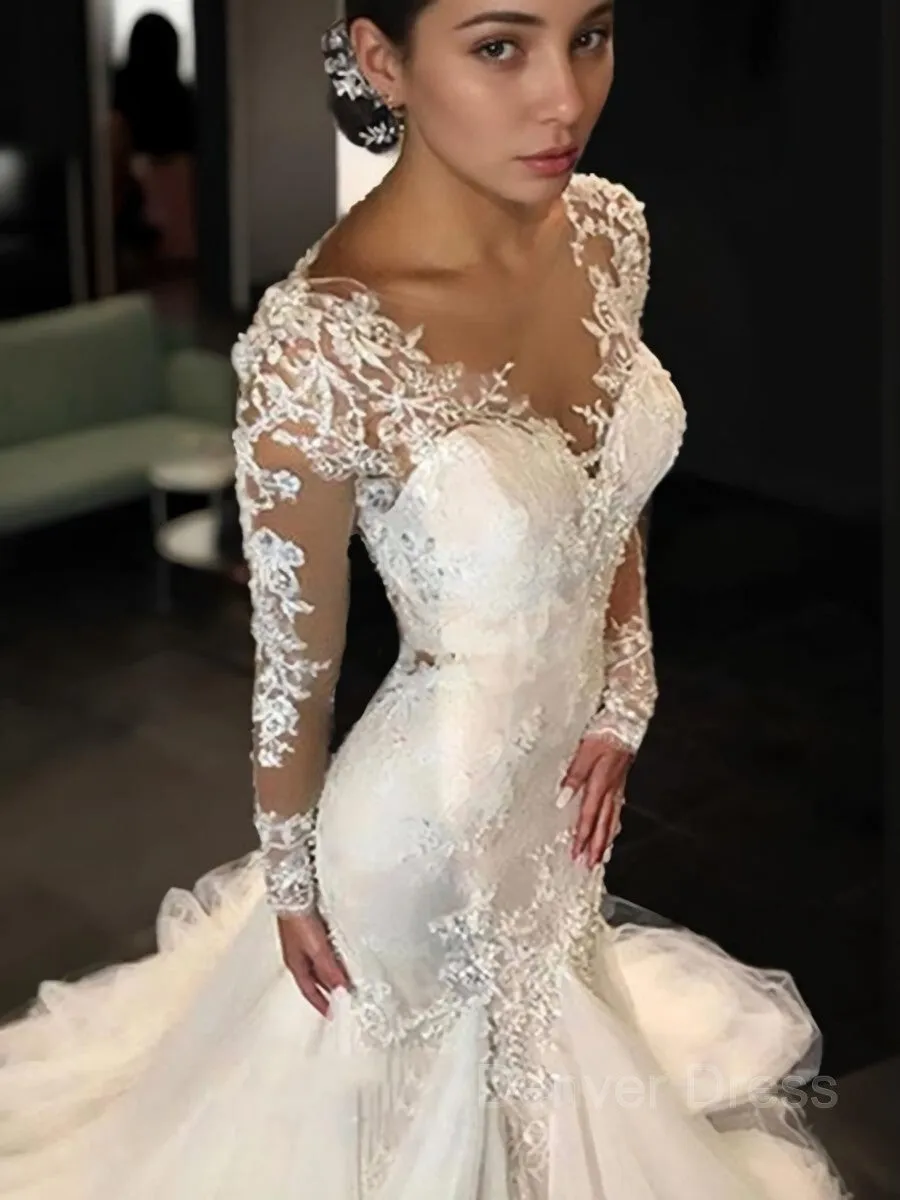 Mermaid V-neck Court Train Tulle Wedding Dresses With Appliques Lace