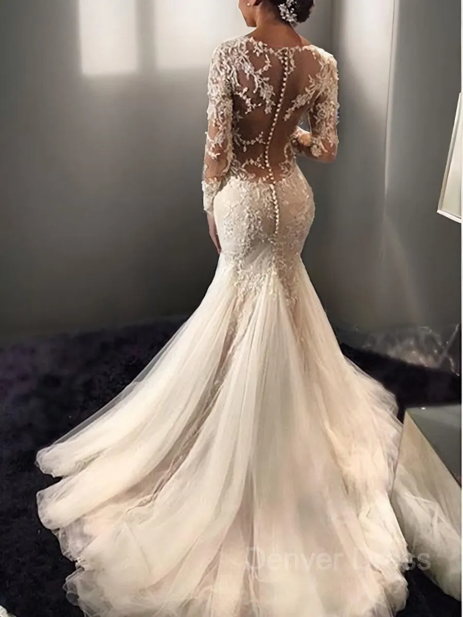 Mermaid V-neck Court Train Tulle Wedding Dresses With Appliques Lace