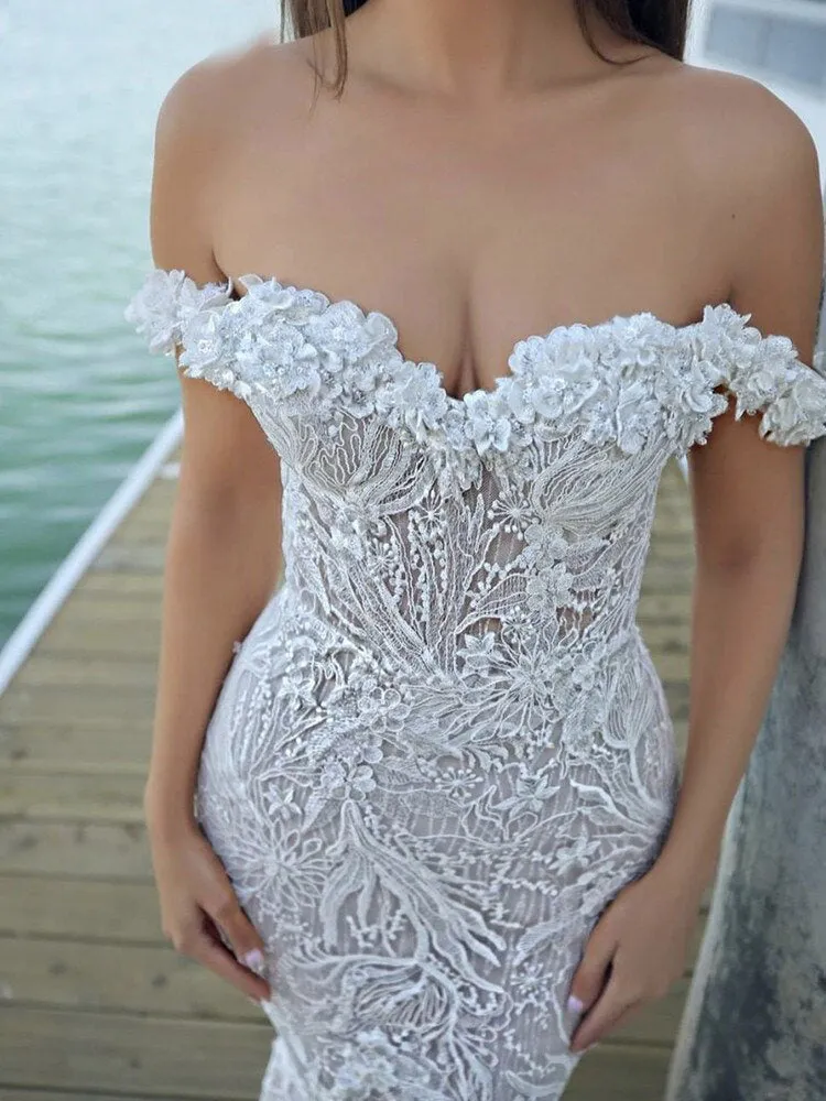 Mermaid Wedding Dresses Off Shoulder Sweetheart Lace Appliques Court Train Bride Gown OKV26