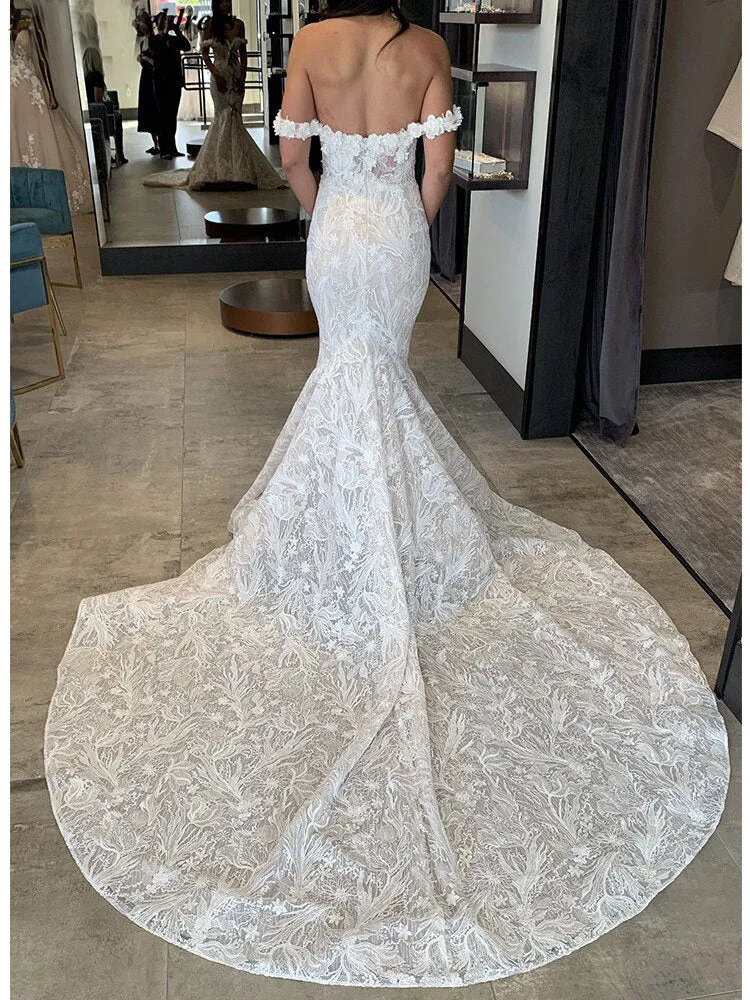 Mermaid Wedding Dresses Off Shoulder Sweetheart Lace Appliques Court Train Bride Gown OKV26