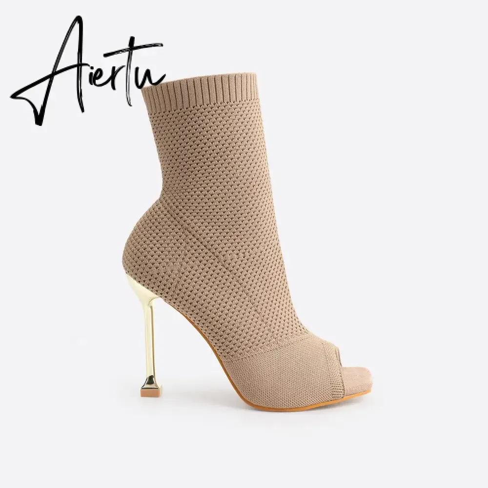 MOUSSE FIT Women Peep Toe Stiletto Heeled Sock Boots