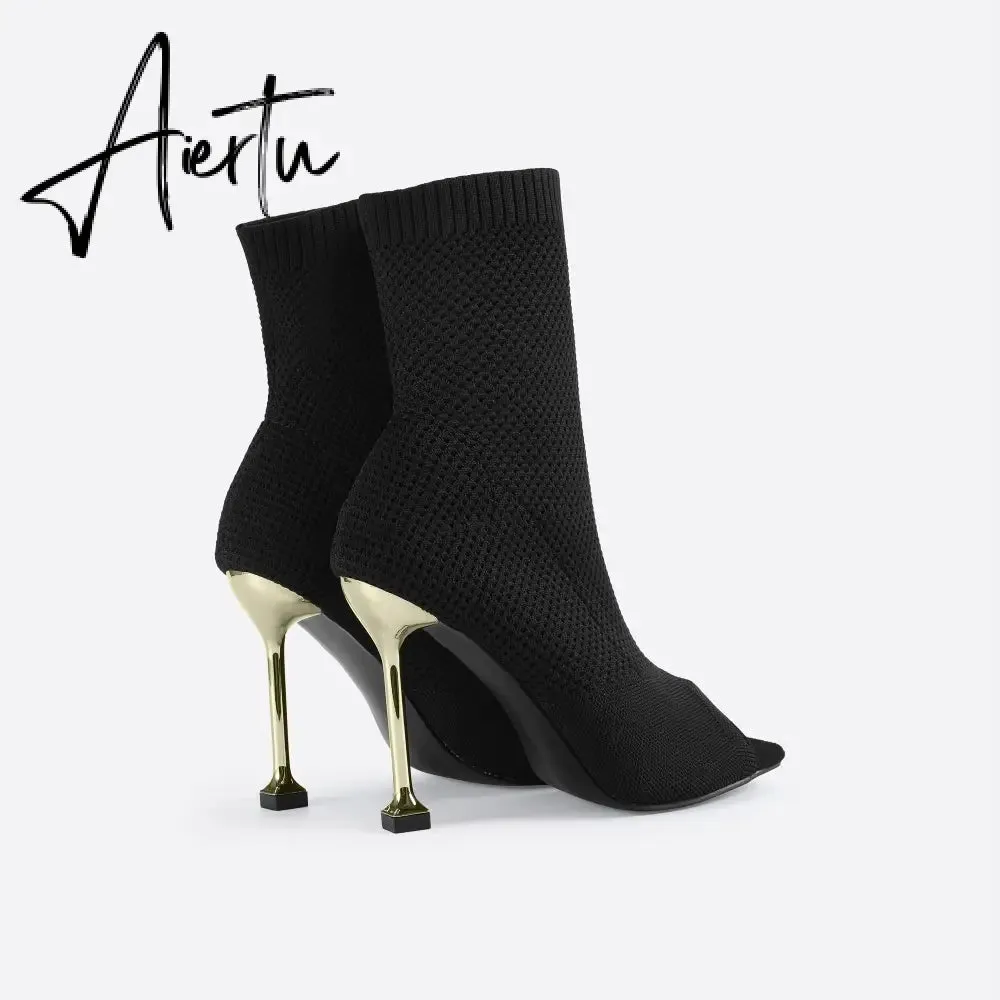 MOUSSE FIT Women Peep Toe Stiletto Heeled Sock Boots