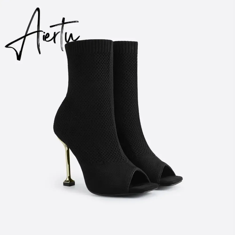 MOUSSE FIT Women Peep Toe Stiletto Heeled Sock Boots