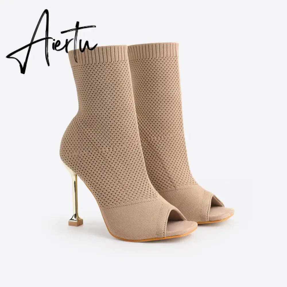 MOUSSE FIT Women Peep Toe Stiletto Heeled Sock Boots