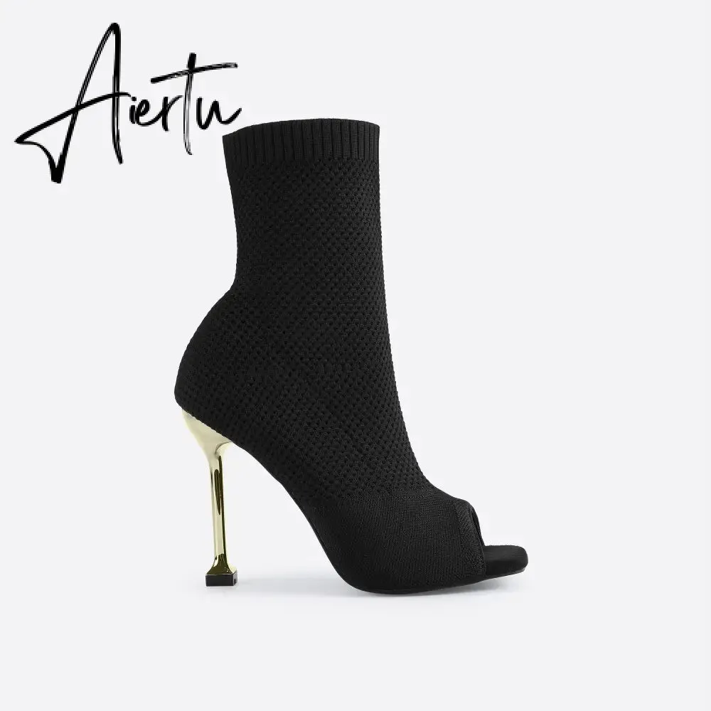 MOUSSE FIT Women Peep Toe Stiletto Heeled Sock Boots