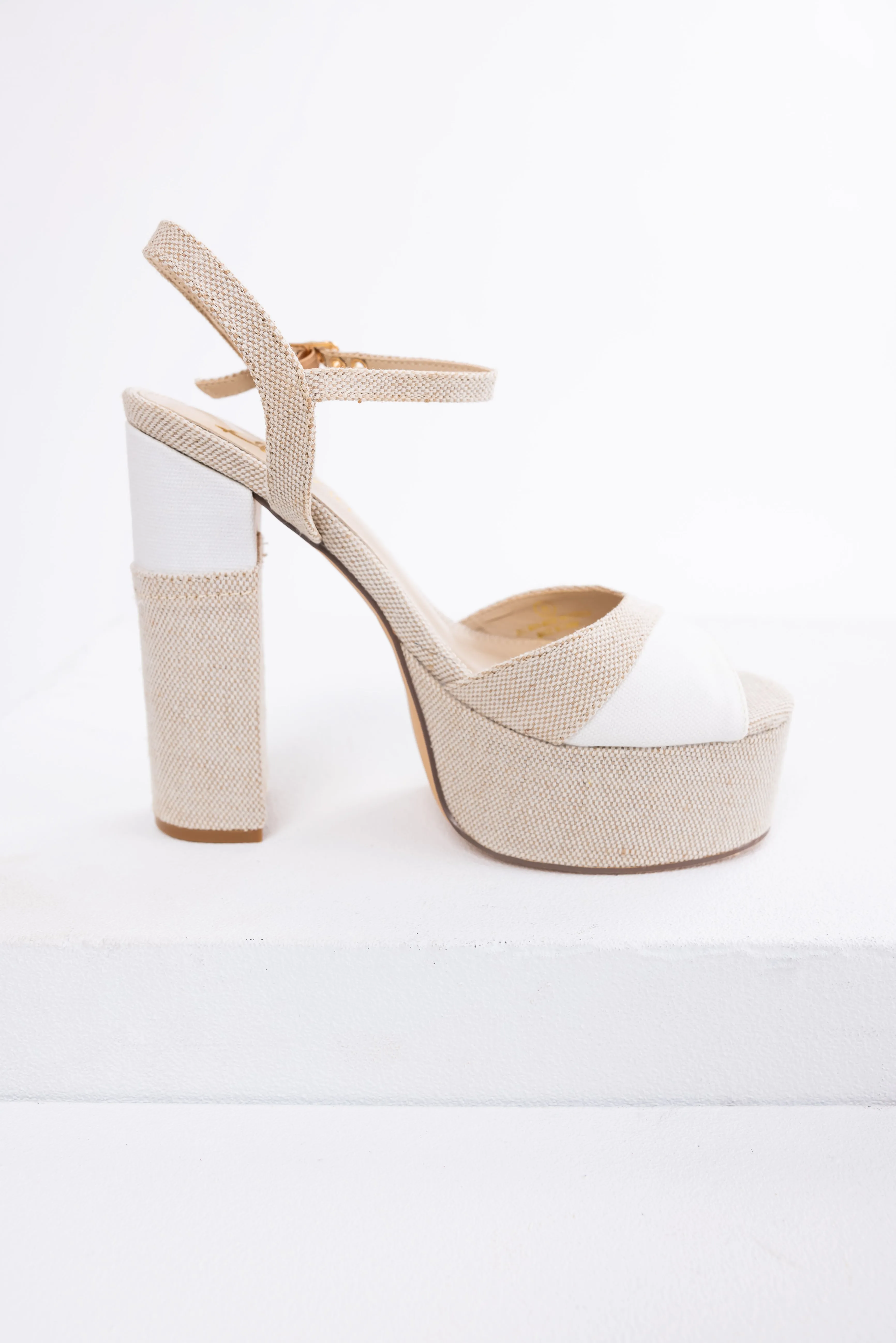 Natural Linen Patchwork Platform High Heels