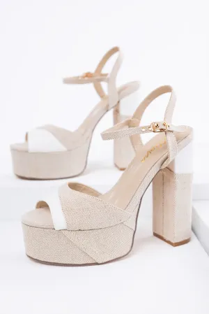 Natural Linen Patchwork Platform High Heels