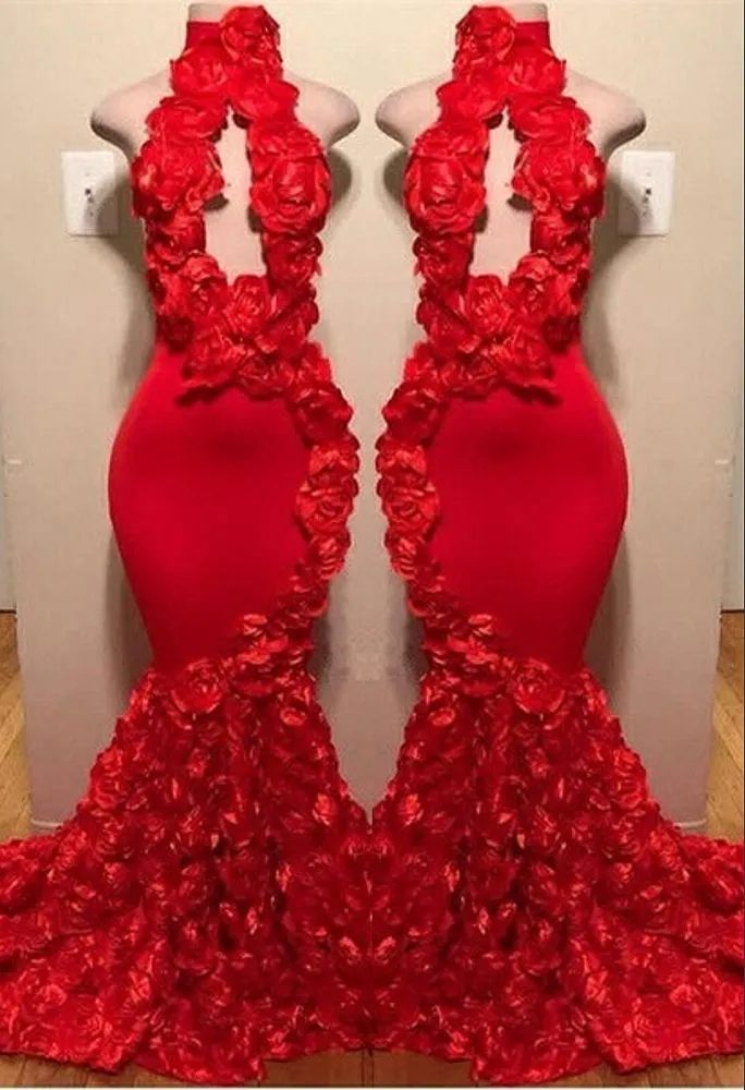 New Arrival Red Keyhole Mermaid Flowers Halter Sleeveless Long Prom Dresses