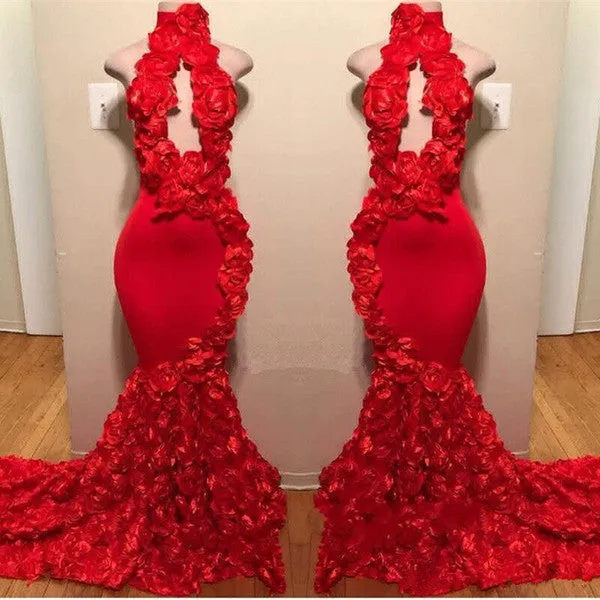 New Arrival Red Keyhole Mermaid Flowers Halter Sleeveless Long Prom Dresses