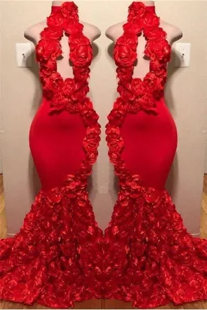 New Arrival Red Keyhole Mermaid Flowers Halter Sleeveless Long Prom Dresses