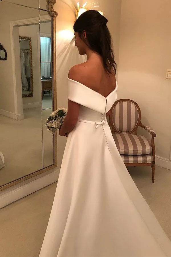 Off The Shoulder Ivory Satin Wedding Dress With Zipper Button